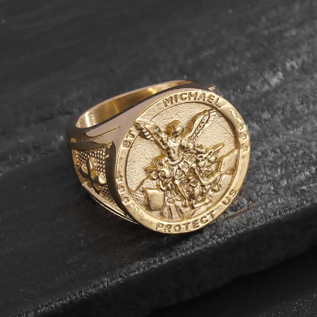 Anillo de ángel con cruz de arcángel para hombre, anillo de arcángel, anillo de oro, joyería de ángel católico vintage para hombre
