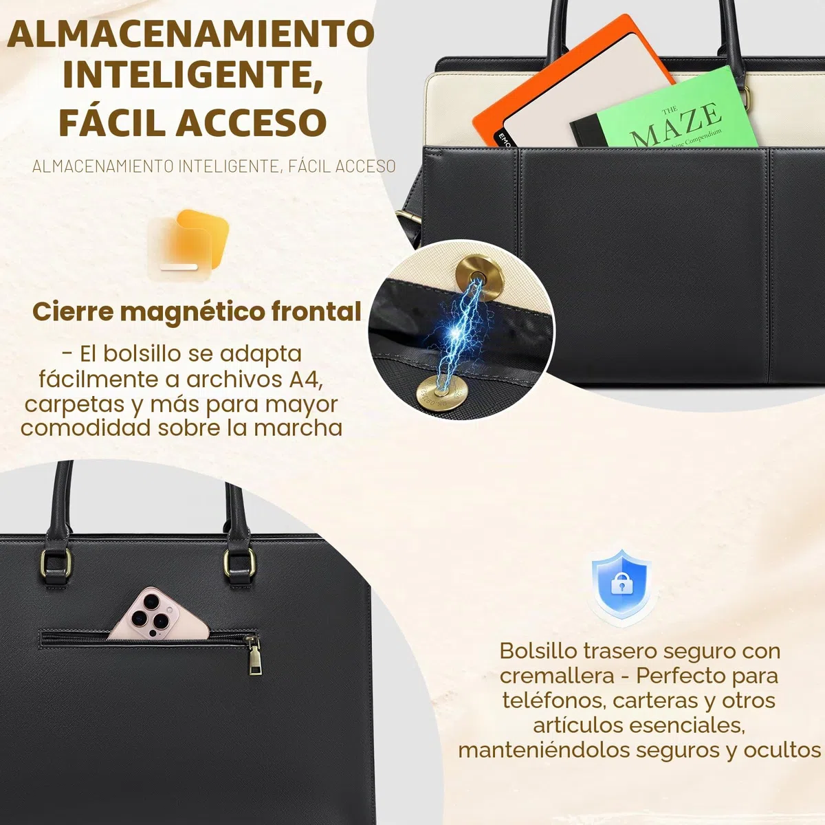 RAINSMORE Bolso Universidad Mujer Bolso Mujer Grande con Clutch Impermeable Ordenador Portatil 15.6 Pulgadas Bolsa Trabajo Shopper Oficina Negro