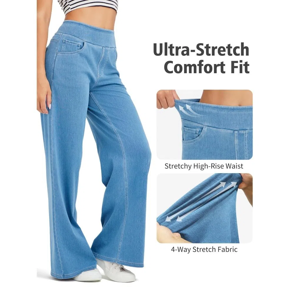 Jeans Mujer Stretch de Pierna Ancha y Recta Tiro Alto Estilo Baggy Moderno Pantalones Casual Efecto Moldeador con Bolsillos mujeres/B/L