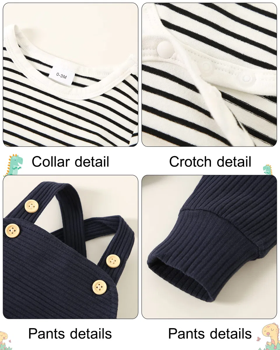 Ropa de bebé recién nacido, 2 piezas de mameluco para niños pequeños primavera/verano a rayas + pantalones de babero (0-3 meses)