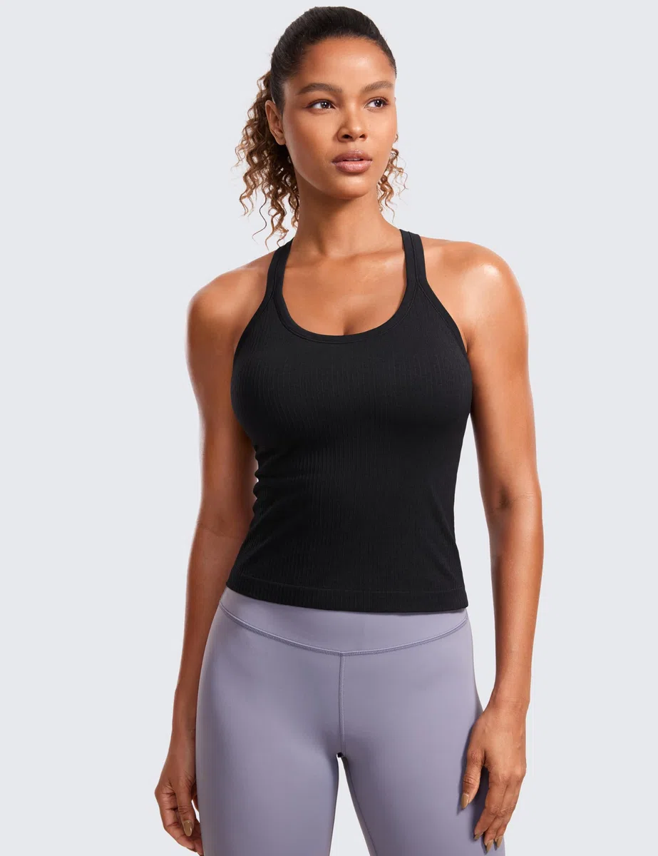 CRZ YOGA Sin Costura Camisola Acanalado | Soporte Ligero, Sujetador Incorporado, Almohadillas Extraíbles, Yoga, Acanalado, Elevado Cuello, para Mujer