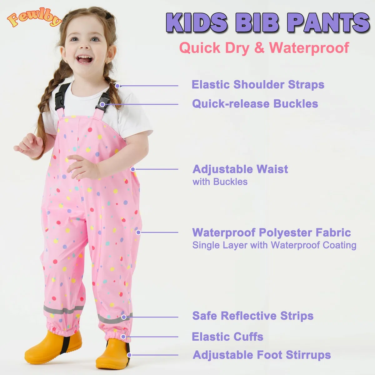 Fewlby Pantalon Impermeable Niñas, Pantalones Barro Peto de Lluvia Niños Mono Impermeable con Tiras Reflectantes Chubasquero Outdoor Traje Impermeable
