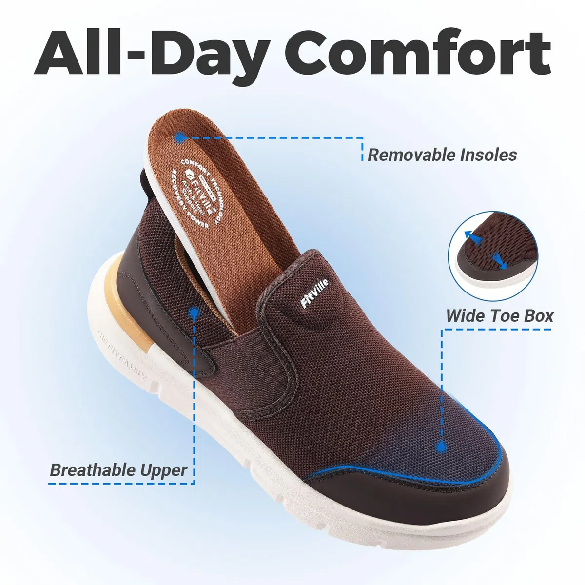 FitVille Zapatillas Hombre Extra Anchas Zapatos de Deporte Antideslizante para Caminar Cómodo Ligero Transpirable Slip on Sneakers Casuales