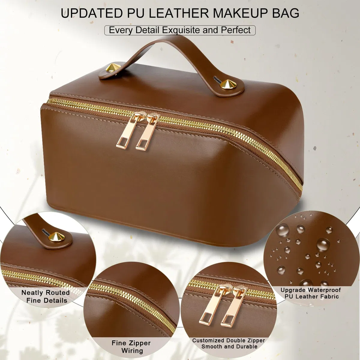 Neceser Maquillaje Grande de PU Cuero - Bolsa de Viaje XXL para Mujer - Organizador de Aseo y Makeup Bag - Accesorios de Viaje (Liso-Marrón)