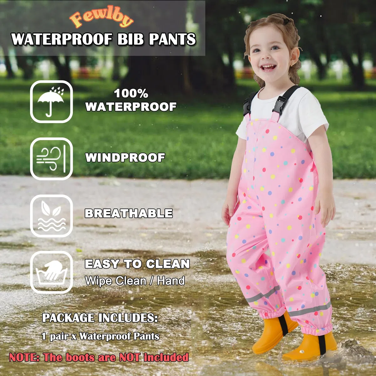 Fewlby Pantalon Impermeable Niñas, Pantalones Barro Peto de Lluvia Niños Mono Impermeable con Tiras Reflectantes Chubasquero Outdoor Traje Impermeable