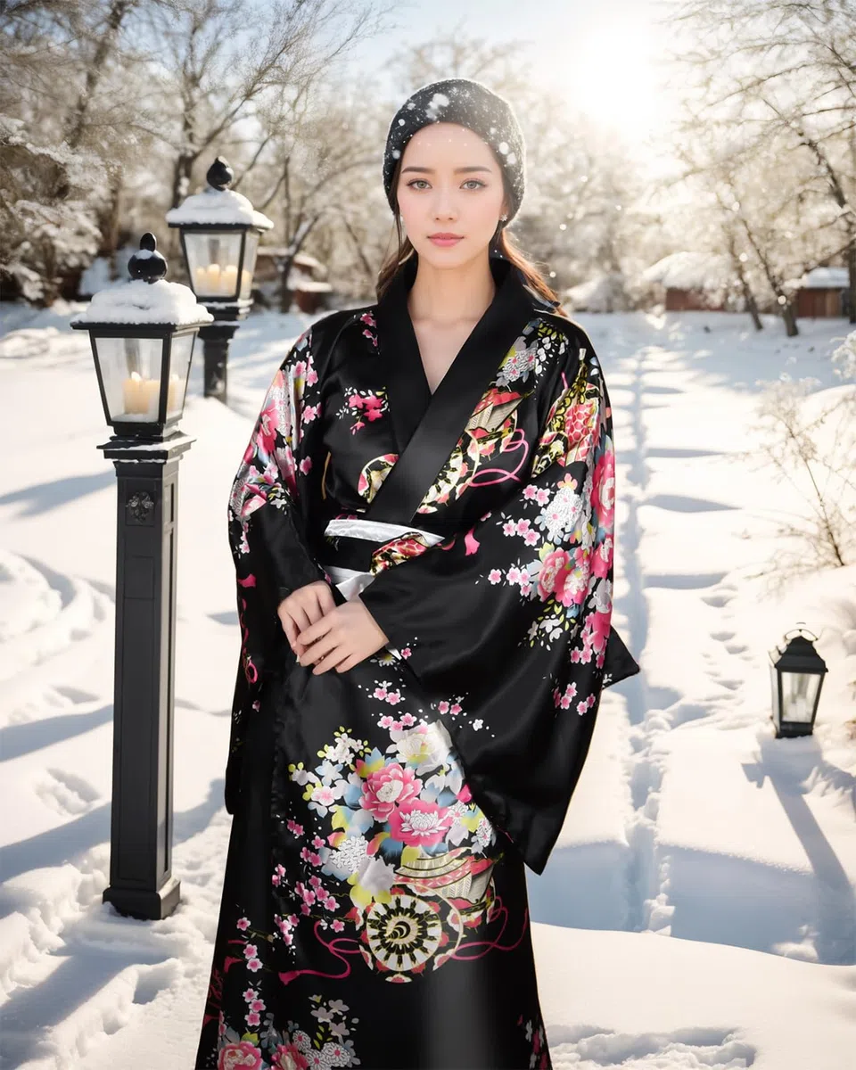 PLULON 5 uds bata japonesa Geisha Yukata vestido flor albornoz de satén con bolsa con cordón abanico de mano horquilla Tabi conjunto de calcetines