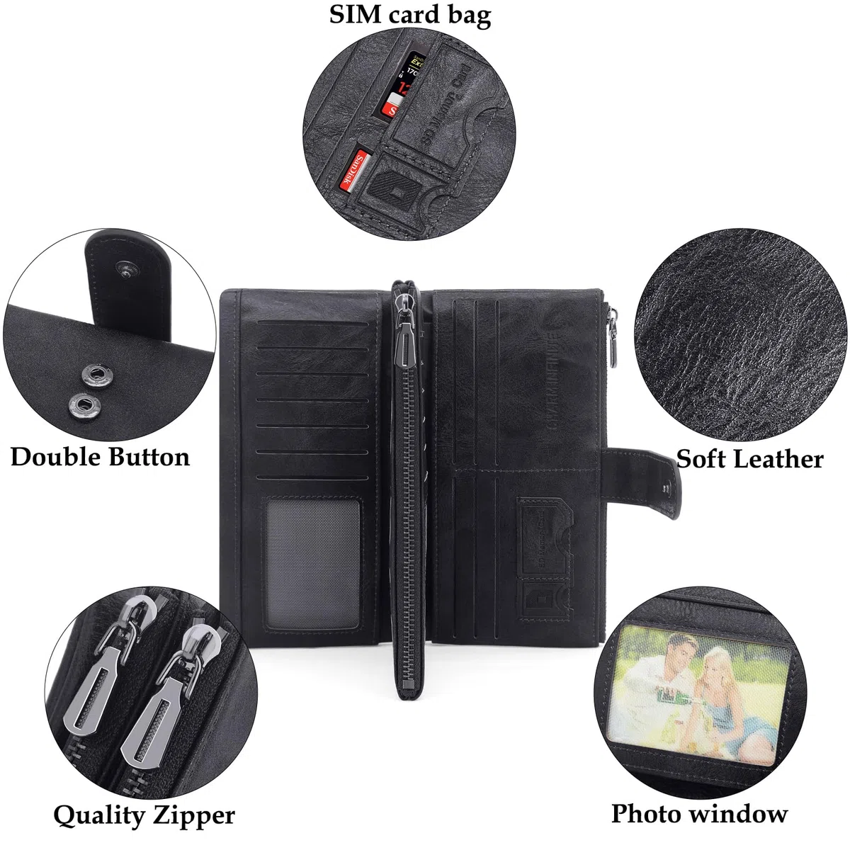 REETEE Carteras de Mujer Grande Cuero PU Monedero Muje Carteras Bloqueo RFID Largo Billetera 2 Grand Bolsillo con Cremallera para Monedas con 23 Ranuras Tarjetas (Negro)