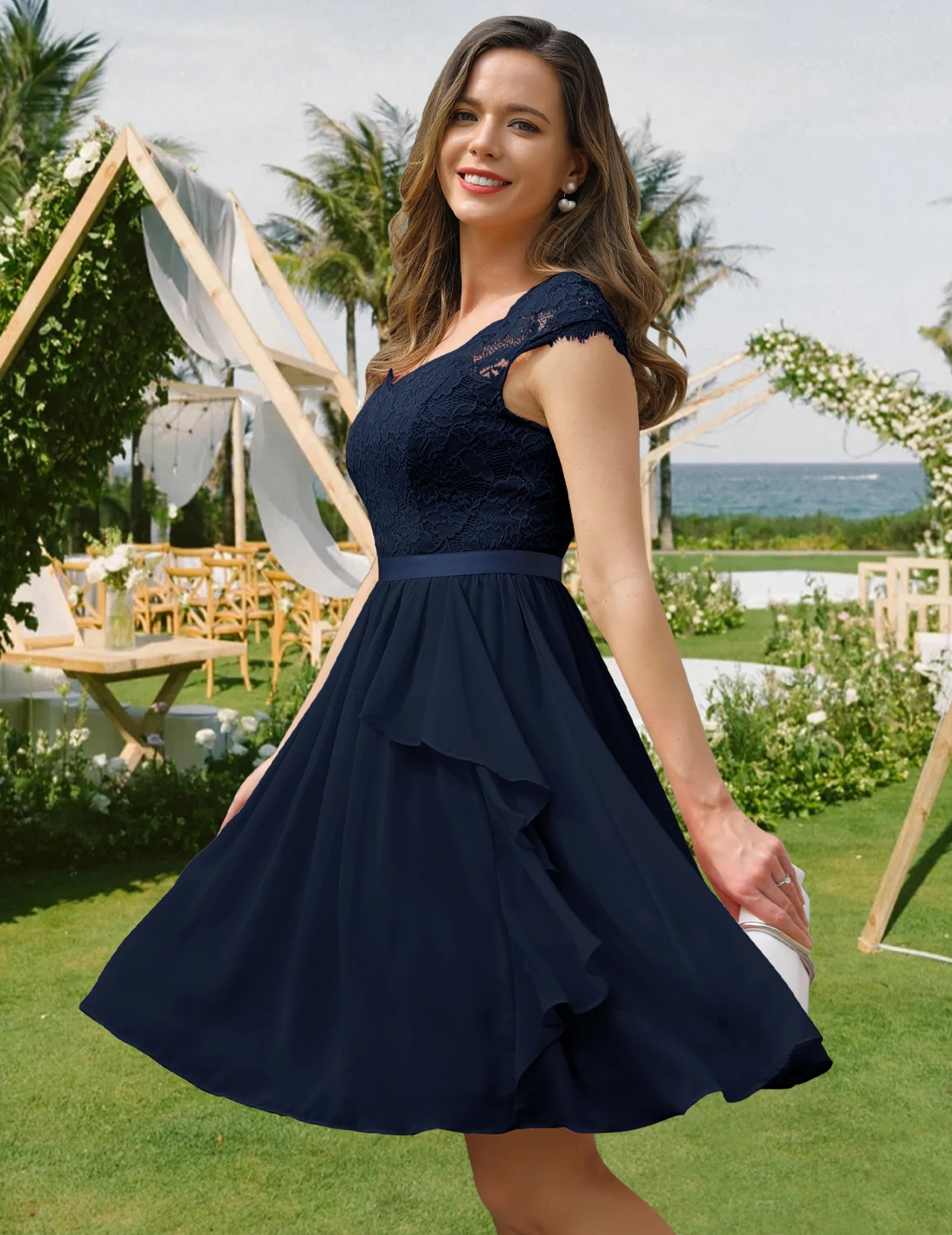 Wedtrend Vestido de cóctel para mujer, elegante para boda, con volantes, vestido de noche corto de dama de honor
