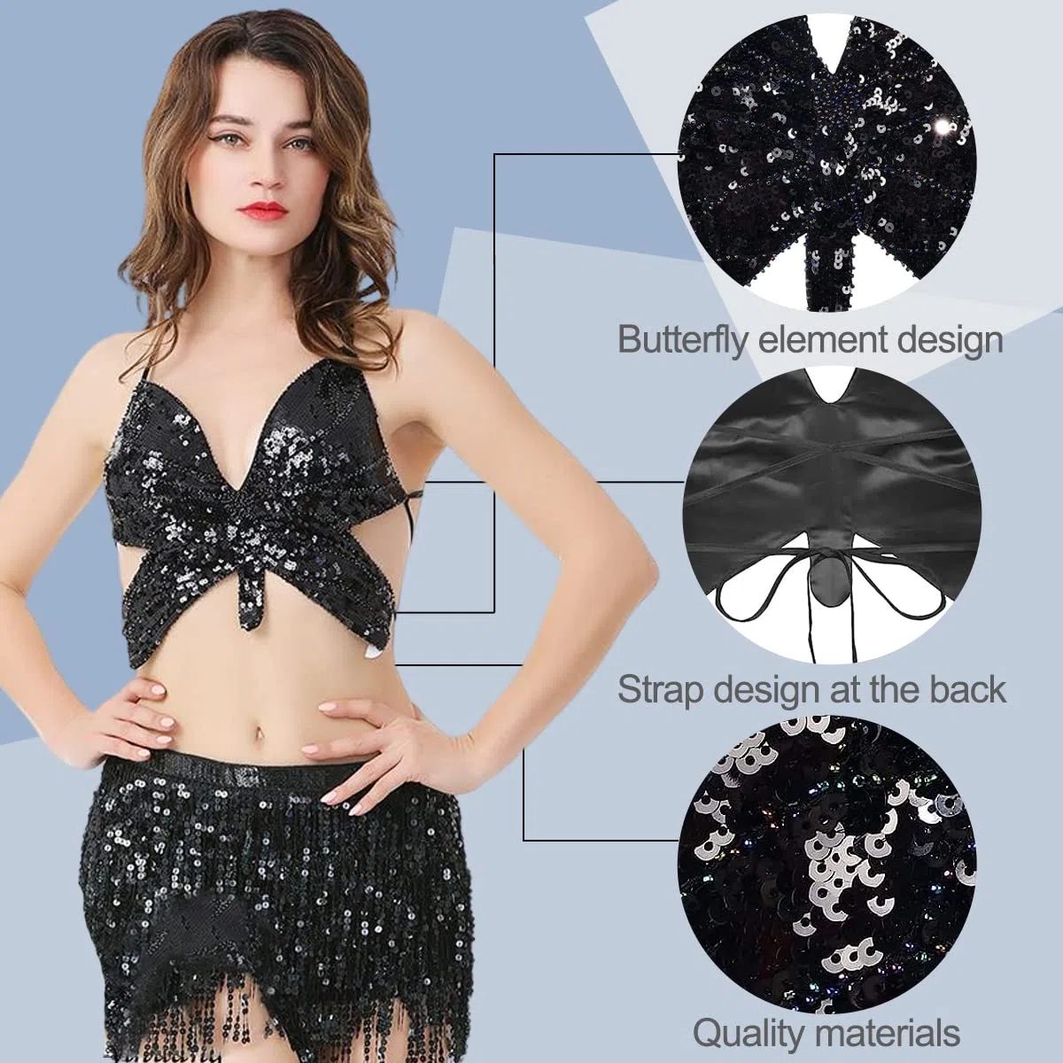 Top de baile del vientre para mujeres, camiseta de bandas de vendaje de lentejuelas de mariposa, Tubo sin espalda Tubo Tubrete Maneveless Vest para danza del vientre, danza latina, club de fiesta