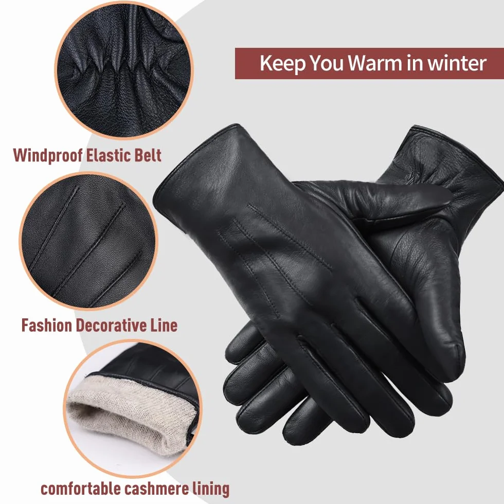 Guantes de invierno de cuero para hombre Guantes de montar de piel de oveja suave con forro de cachemira cálida