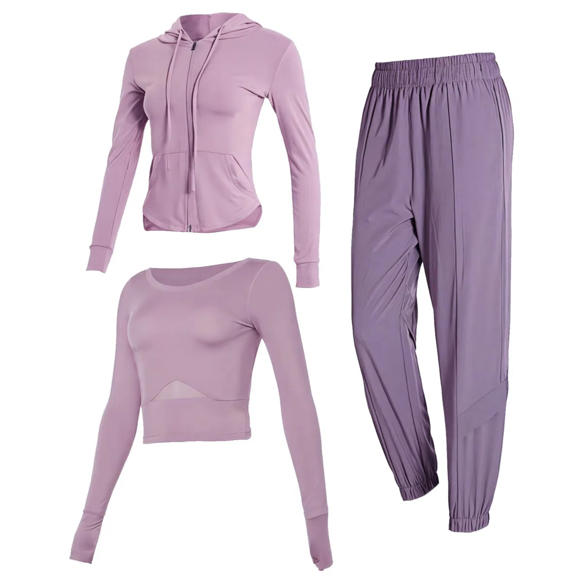 Conjuntos de entrenamiento genéricos de tres piezas para mujer, conjuntos de yoga de 3 piezas con chaqueta con capucha, tela transpirable para gimnasio y uso casual, disponible en S a XXL