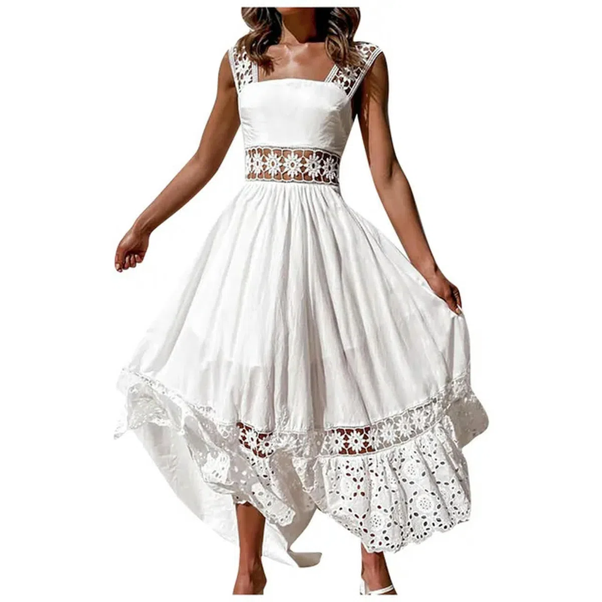 ARESU Vestidos Blancos Ahuecados De Ganchillo De Encaje Vestido Boho Informal De Vacaciones Sin Espalda para Mujer Vestido Maxi Suelto De Algodón para La Playa para Mujer-Blanco-S