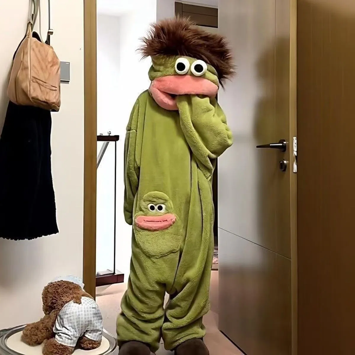 EHOTER Silly Onesie - Pijama unisex de felpa ultra suave con capucha de una pieza, color verde, divertido monstruo con capucha de boca grande, ropa de hogar para noches de cine, diversión familiar y