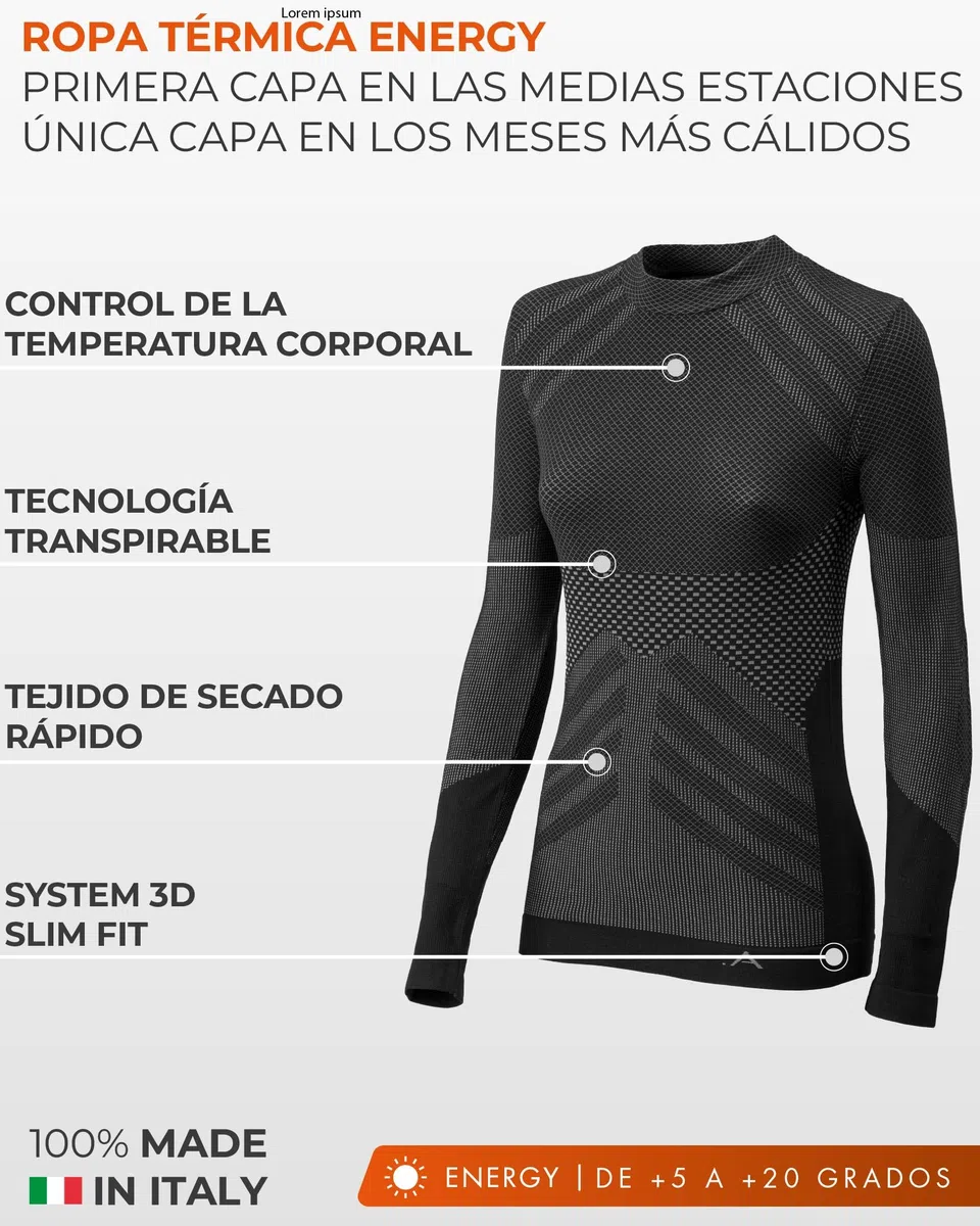 Risalti Camiseta Termica Mujer Energy - Camiseta Manga Larga Mujer Elástica y Transpirable, Ropa Interior Mujer, Camiseta Interior Mujer Sin Costuras - Made in Italy