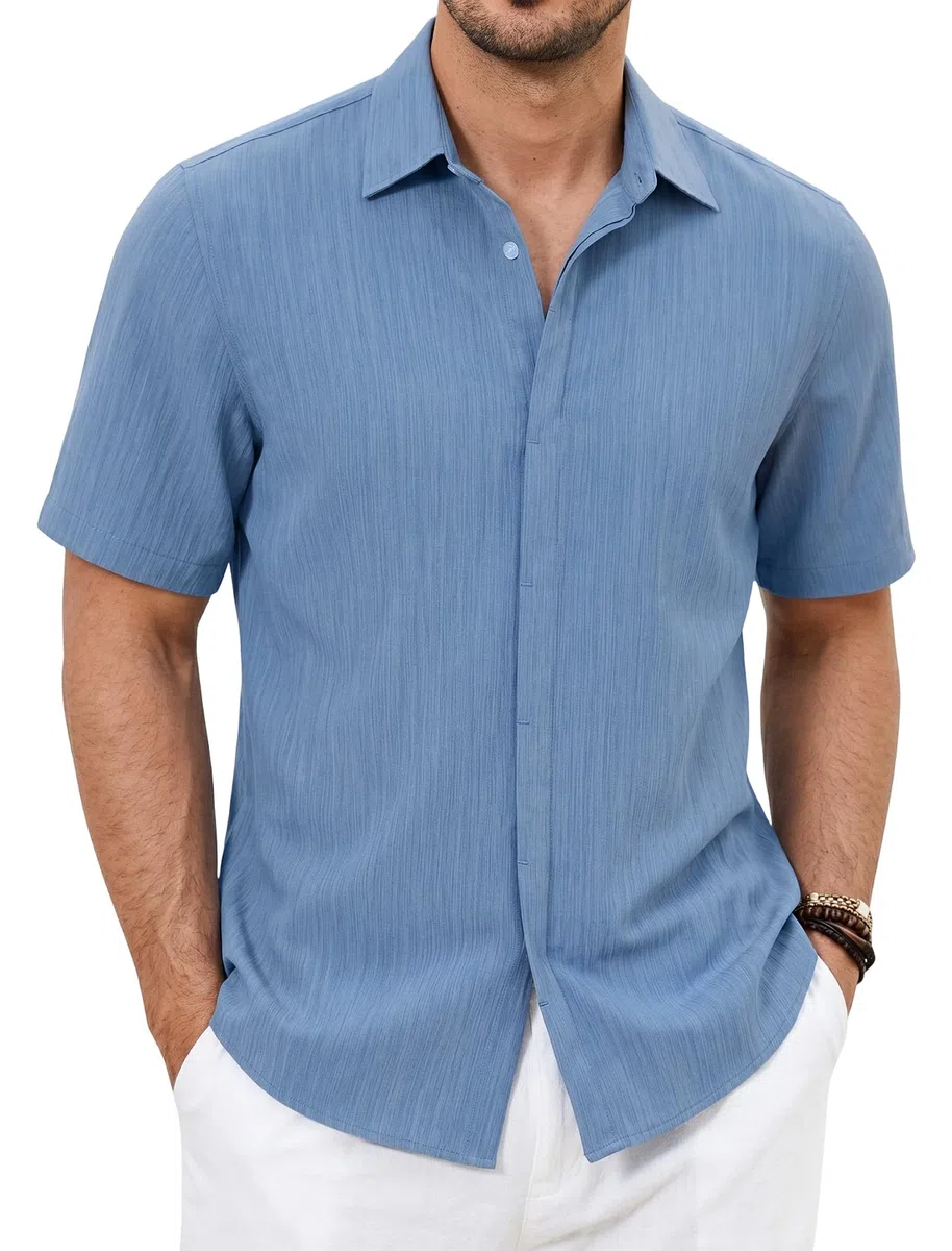 Enlision Camisa Hombre Mangas Cortas Casual Verano Camisas para Hombres Cuello con Solapa Oculta Ajuste Regular Casuales Shirts