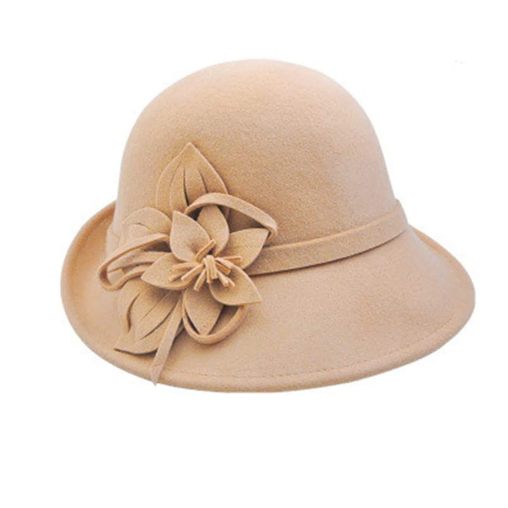 Sombrero de Fieltro de Lana de Borde Ancho en Invierno, Lazo de Flores Retro, Sombrero de Barril Retro, Sombrero Suave de Mujer