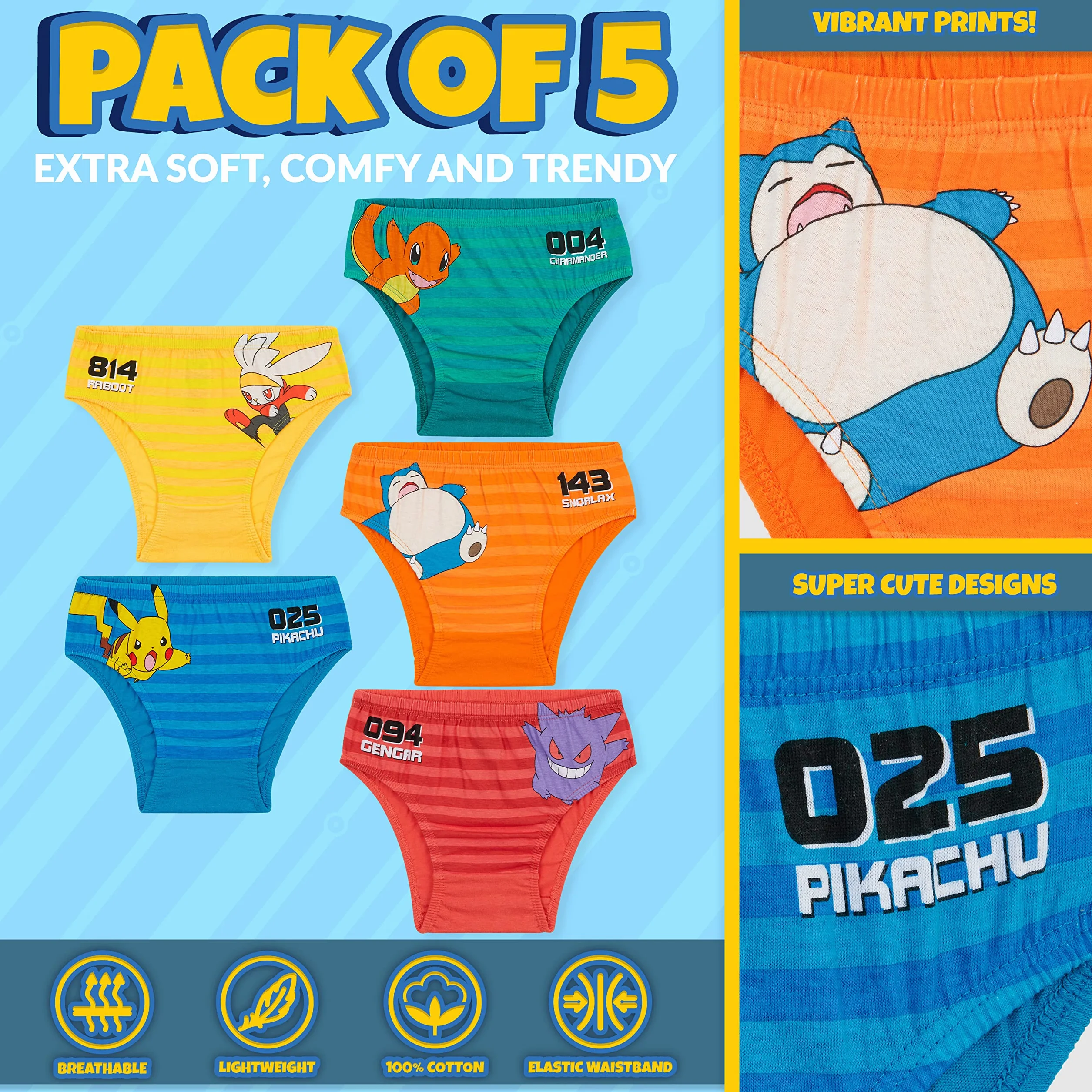 Pokémon Calzoncillos de Algodón, Ropa Interior para Niños, Pack de 5