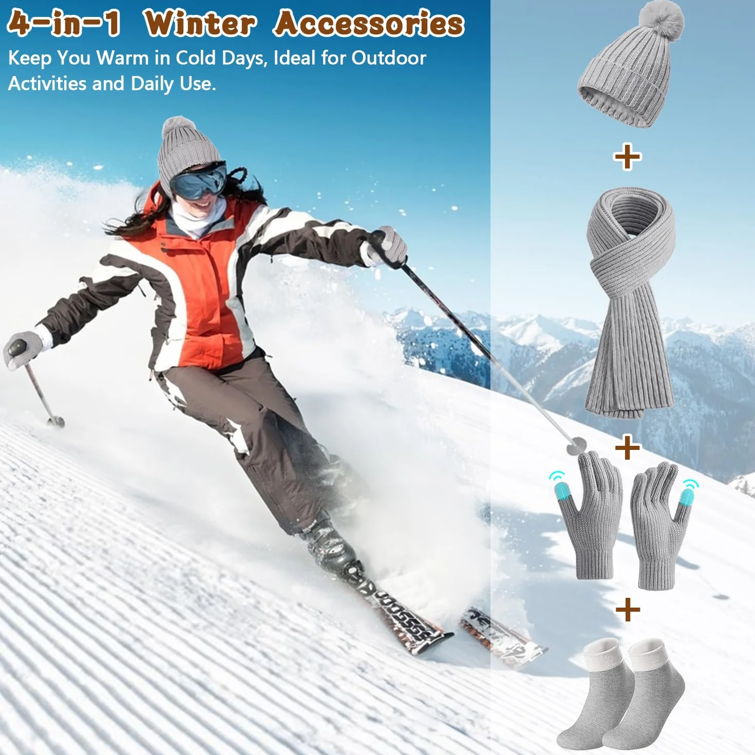 Gorro Bufanda De Punto Guantes Invierno Set, 4pcs Conjunto Esqui Mujer con Guantes Pantalla Táctil y Calcetines Térmicos, Conjunto Gorro Calavera para Mujer Deportes Aire Libre