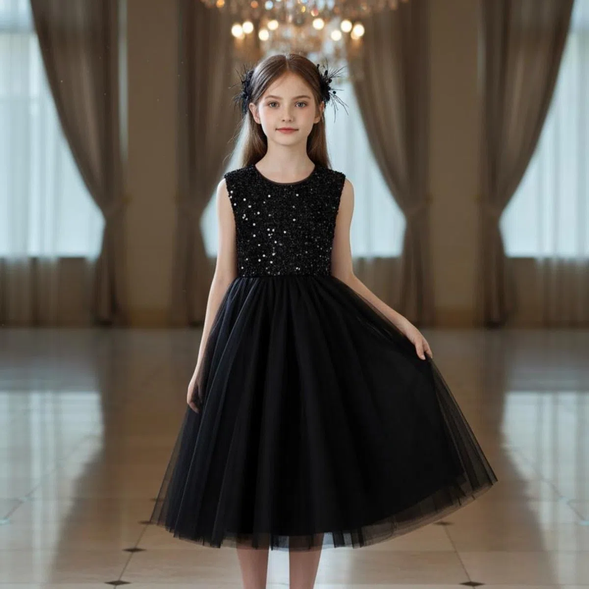 predolo Vestido de Actuación sin Mangas Brillante Vestido de Fiesta Negro Infantil Diseño Elegante para Bodas