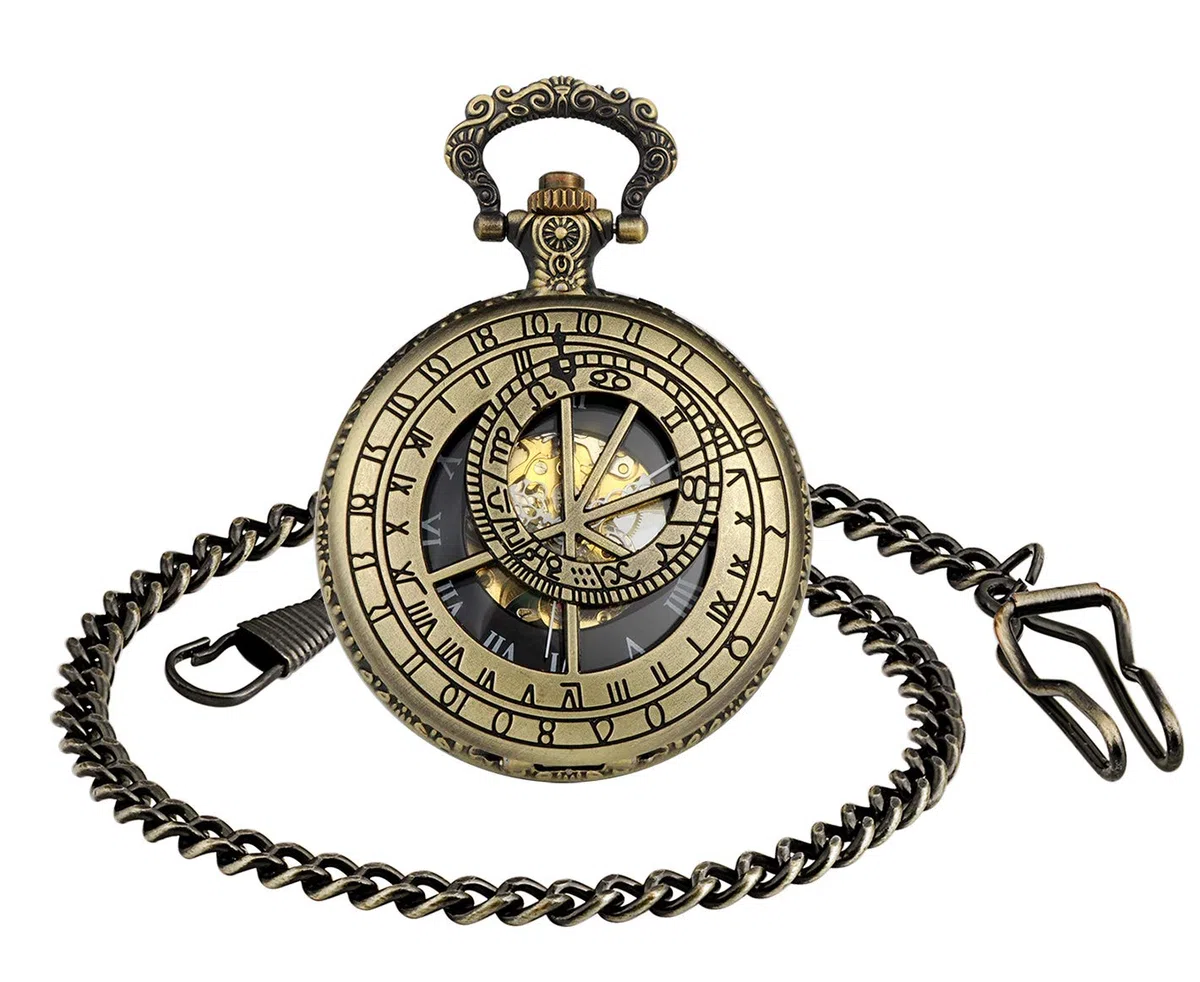 Infinito U-Reloj de Bolsillo Vintage para Hombre y Mujer Con 2 Cadena, 12 Constelación Brújula Mecánica Reloj de Bolsillo Rojo Bronce Llavero Steampunk Clásico Suéter Cadena Cadena de Cintura