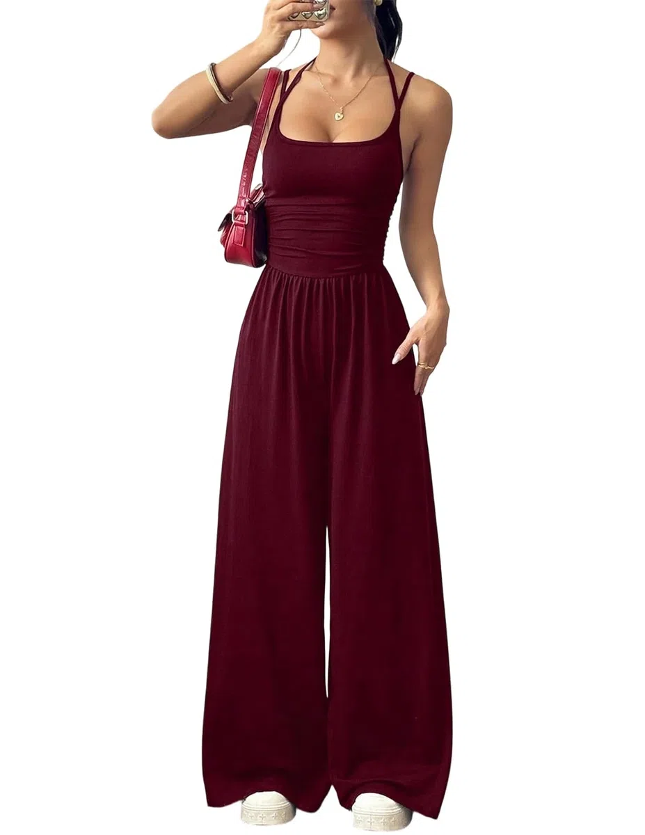 LIAMERHE Mono Largo Mujer Verano Elegante Sexy Cuello Halter Espalda Descubierta Pantalón de Pata Ancha Cintura Alta Casual Jumpsuit para Fiesta Boda Playa Overalls Moda Playsuit