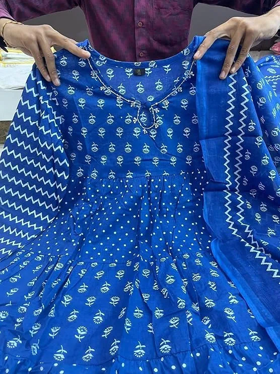 Pantalón Kurta de algodón índigo con estampado a mano para mujer con Dupatta