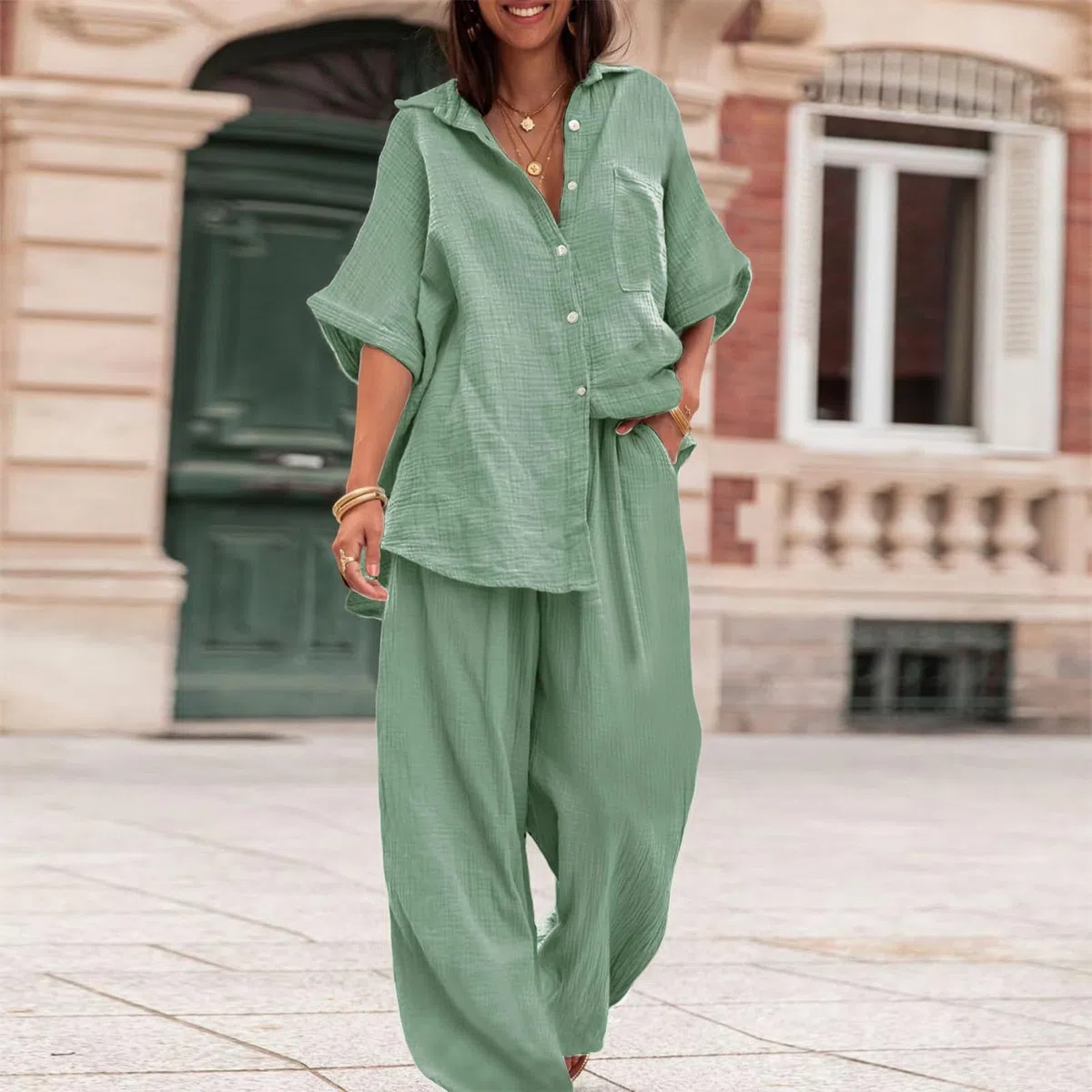 amropi Mujer Conjunto de Manga Corta Botones Camisa y Pantalones Anchos Casual Verano Loungewear