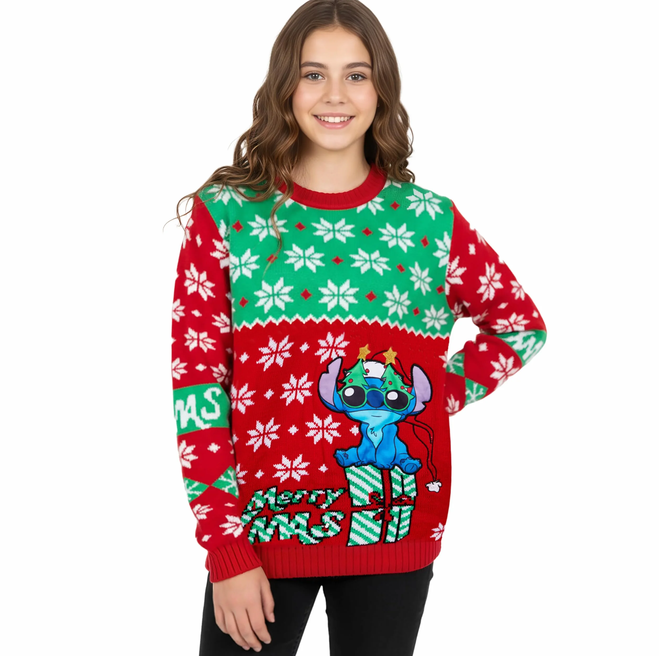 Disney Stitch Jersey de Navidad para Niñas, Suéter con Cuello Redondo