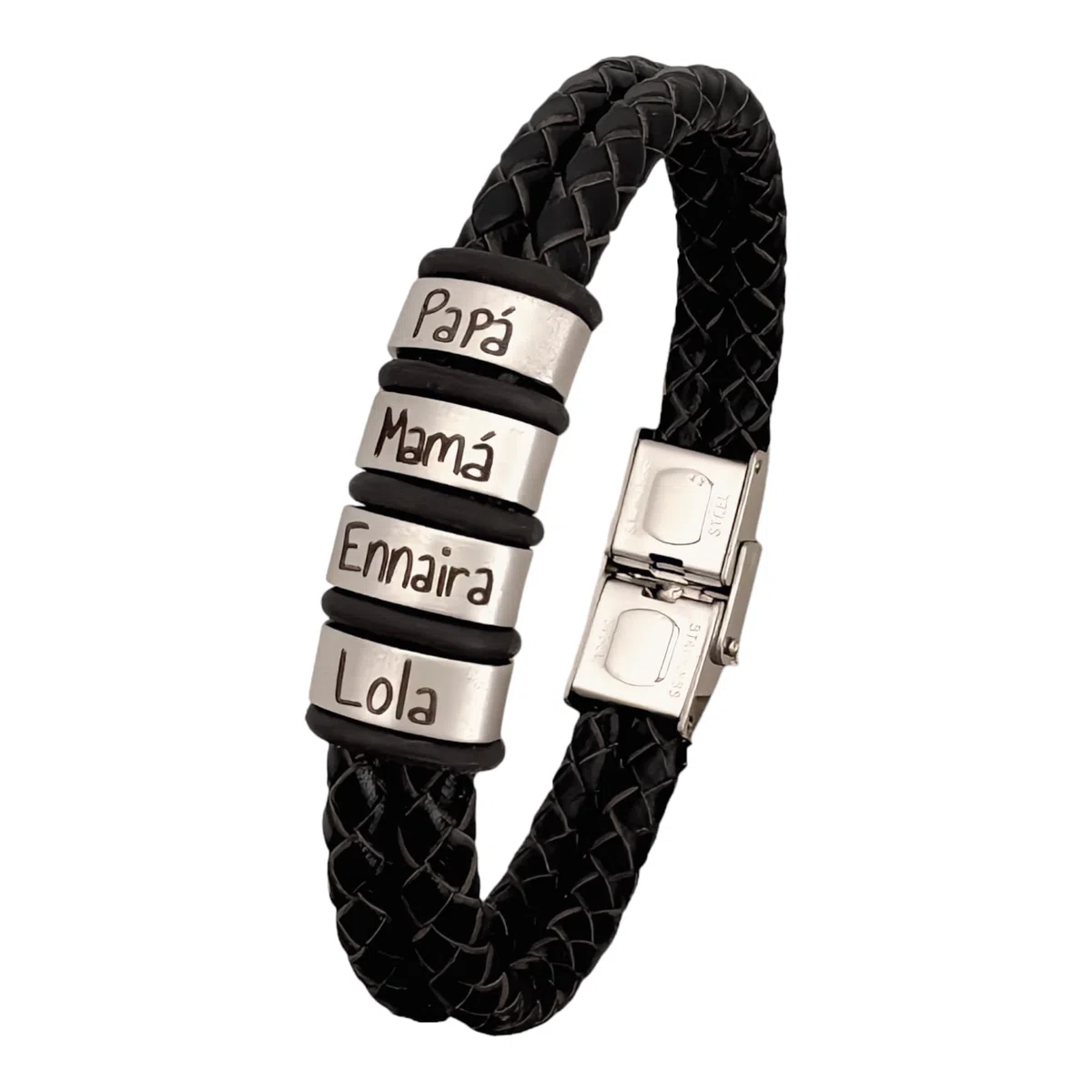 Pulsera personalizada con nombres, totalmente ajustable, fabricada con dos tiras de cuero redondo y acero. MODELO TITI. Regalos día del padre, regalos San Valentín.