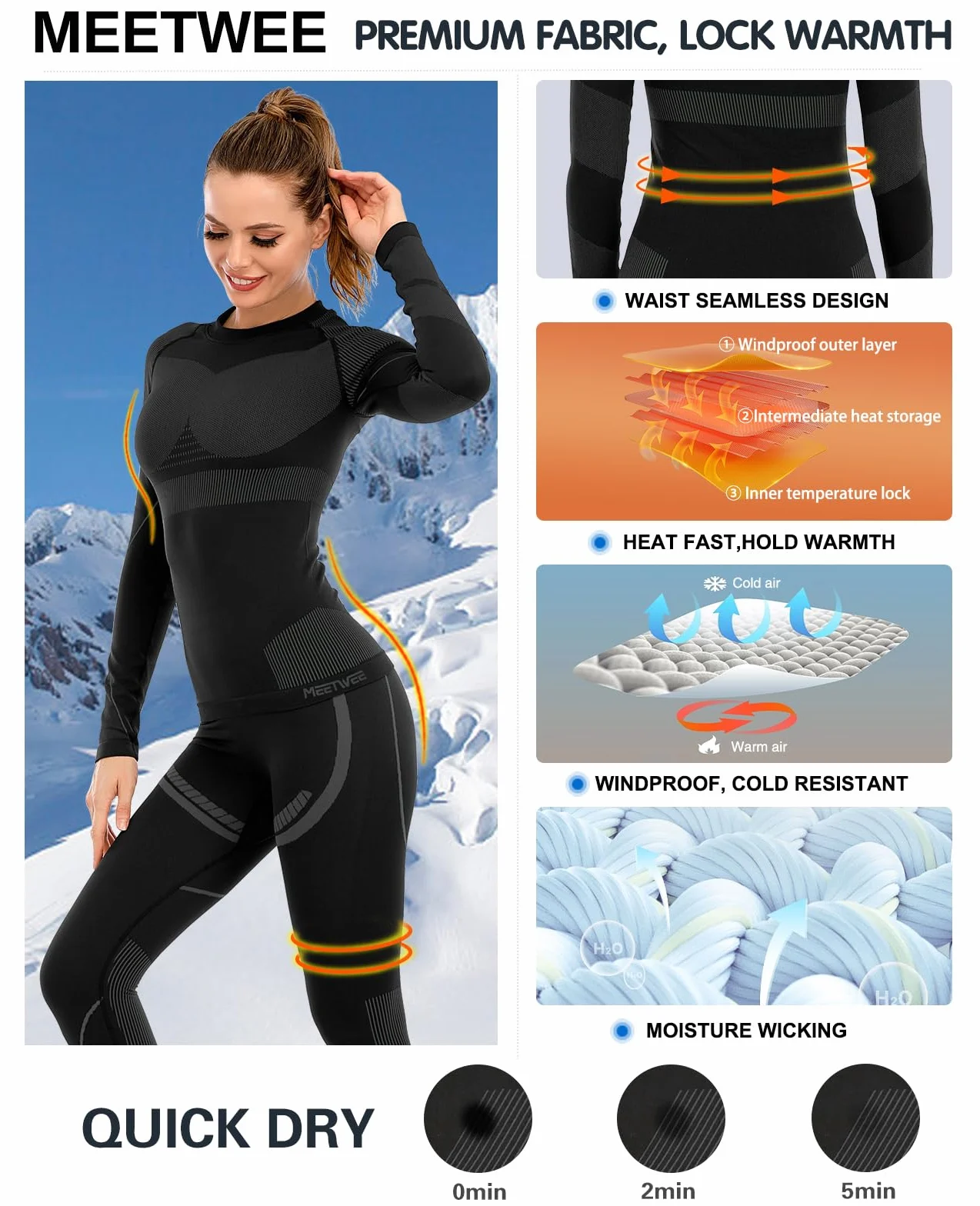 MEETWEE Conjunto de Ropa Interior térmica para Mujer, Ropa Interior de esquí, Ropa Interior térmica, Transpirable, de Secado rápido, cálido Invierno