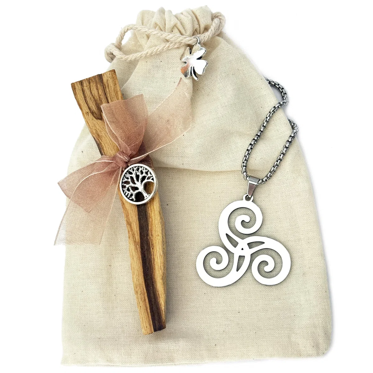 Simboliks Colgante Triskel Celta de Acero Inoxidable y Palo Santo – Amuleto de Protección Druida – Collar Vikingo de la Trinidad – Trisquel y Triqueta – Joyería Celta – Regalo Hombre – Pulsera Extra