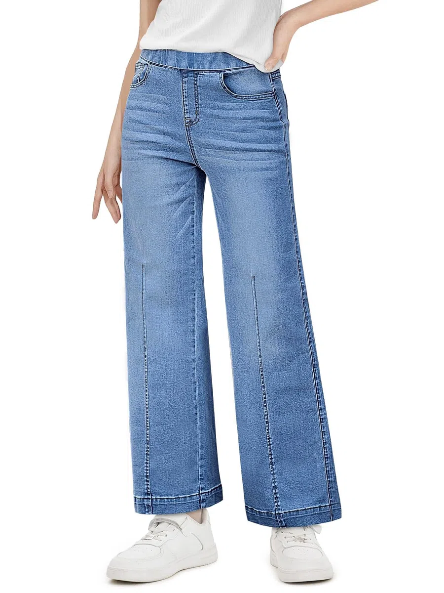 Haloumoning Jeans de pierna ancha para niñas, cintura elástica, pantalones de mezclilla holgados con bolsillos, 5-14 años