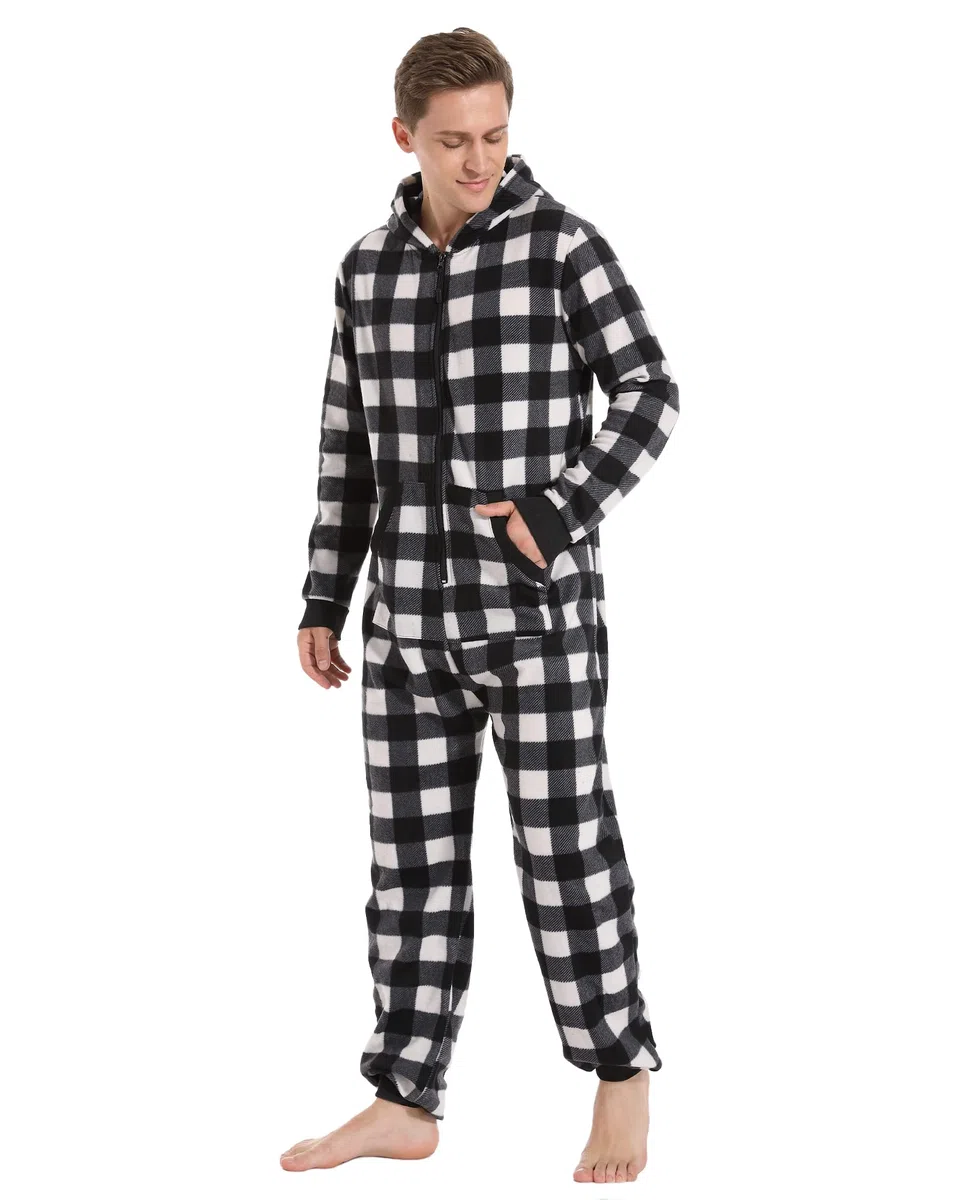 Pijama Adulto Cuadros Onesie de Navidad Mono con Capucha y Cremallera Familia Homewear Sleepwear Mujeres Hombres