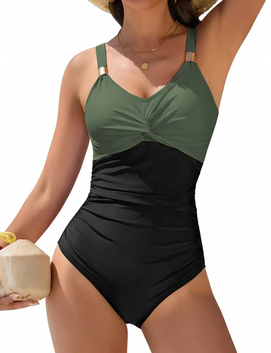 Bañadores Mujer Reductores Barriga Bañador Vientre Plano Push Up Traje De Baño Una Pieza Cuello En V Talla Grande Swimsuit con Metal Decorativo