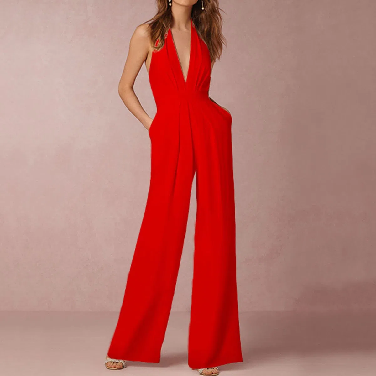 Mono de una pieza para mujer, elegante, sin mangas, cuello en V, informal, de pierna ancha, de color liso, de una pieza, para ceremonias