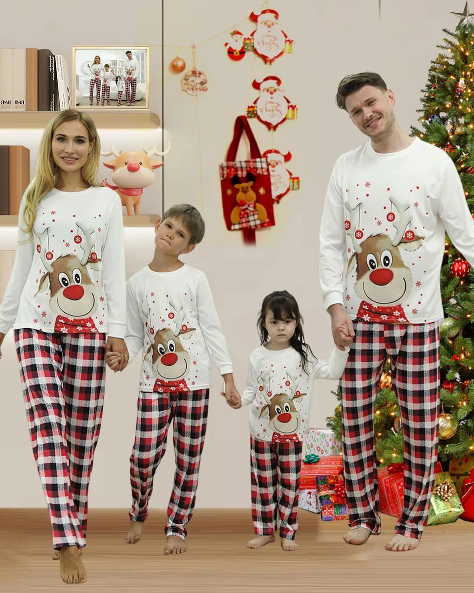 DDKJ Pijama Navidad Familia,Pijamas de Navidad para la Familia con Estampado de Reno,Pijama Navideño Familiar a Cuadros Rojos y Negros,Pijamas Navideños Pareja/Niños/Niñas/Bebe