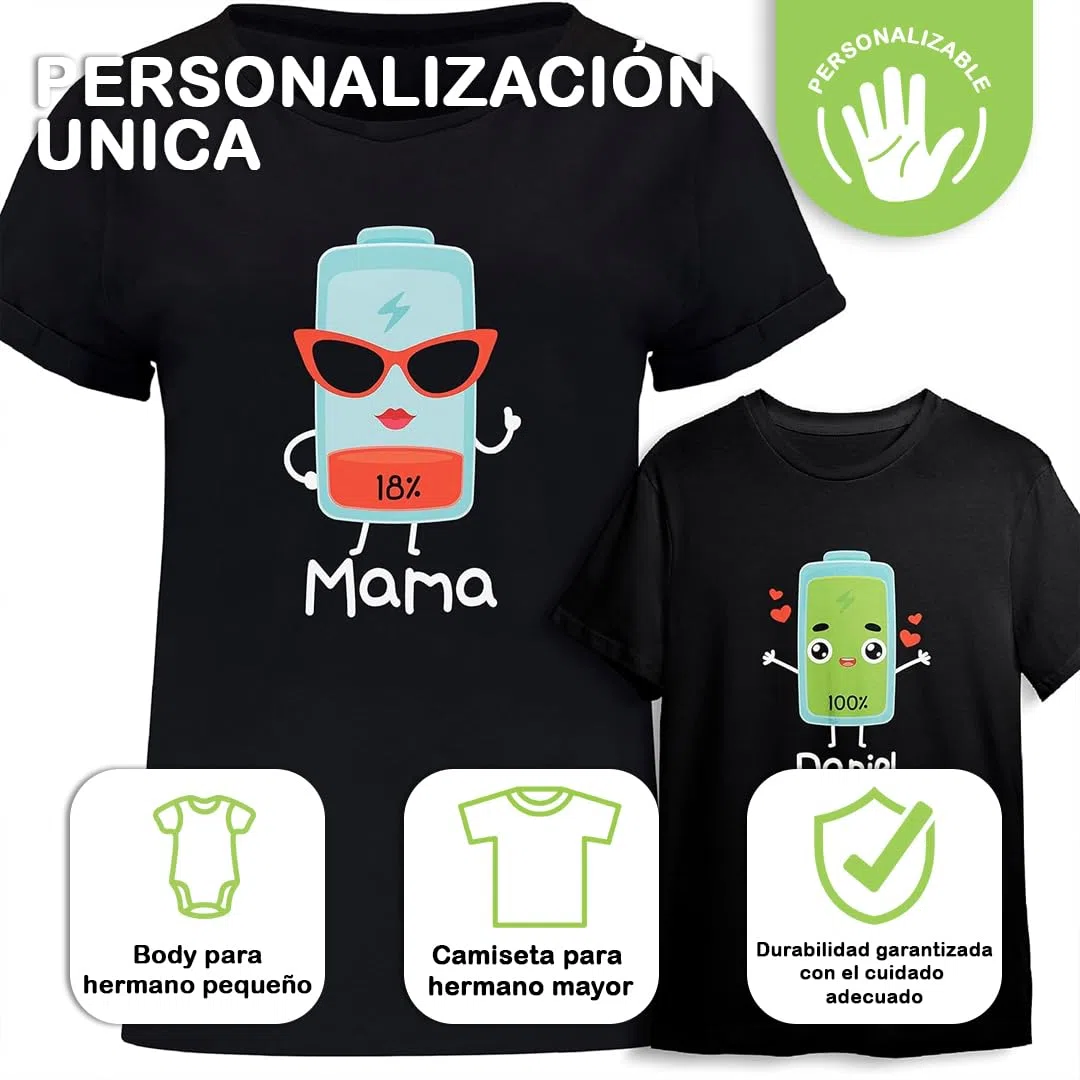 Evyre | Camisetas Personalizadas Regalo Día de la Madre | 100% Algodón | Camiseta Personalizada Mujer + Body Bebe o Camiseta Niña/Niño | Diseño Batería, Energía | Regalos para Mamá e Hijos Originales