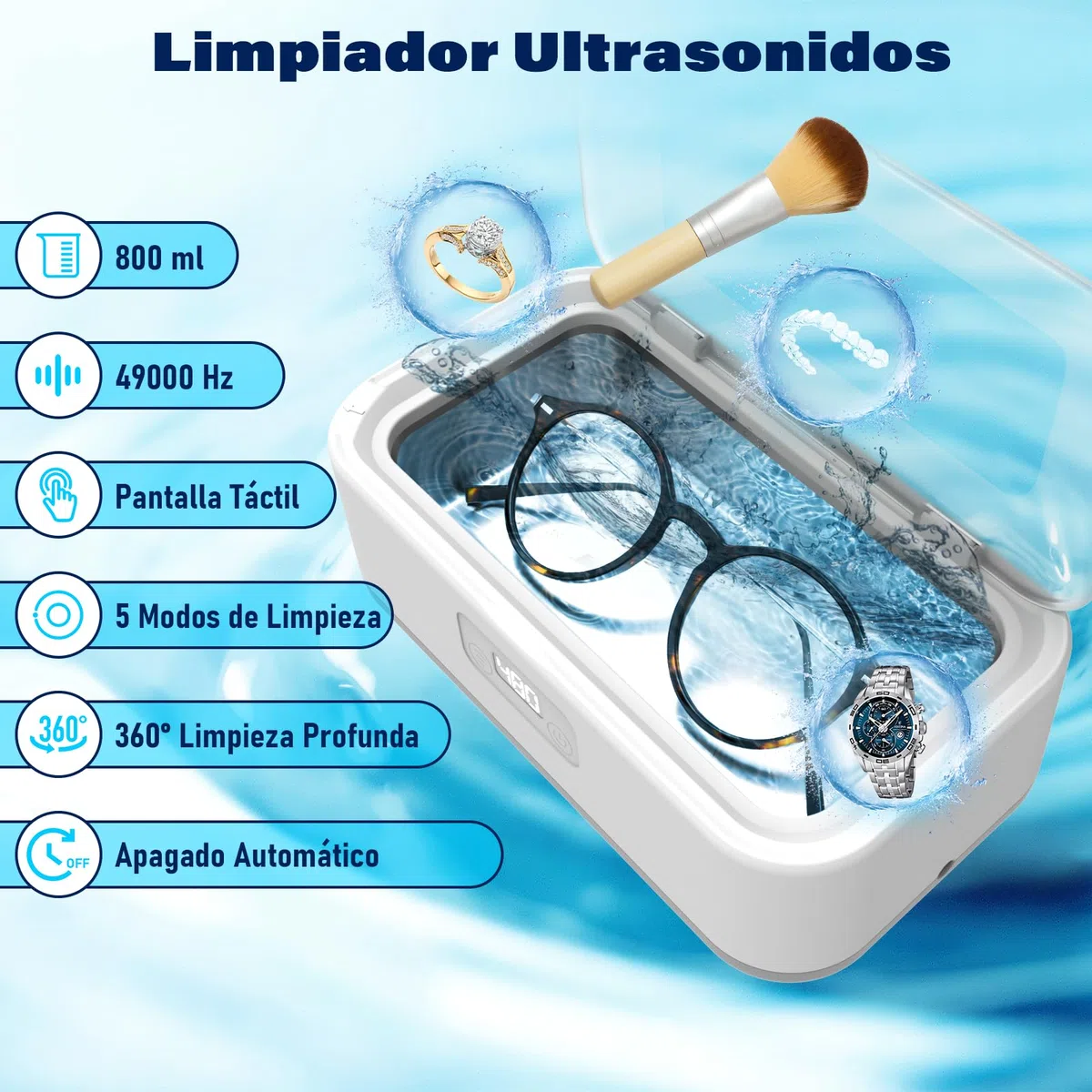 Limpiador Ultrasonidos Olubfdh,800 ml Ultrasonidos Limpieza,49000 HZ Limpiador Ultrasónico Joyas con 5 Modos de Tiempo para Relojes,Joyas,Joyas,Anillos,Relojes,Gafas,Dentaduras Postizas