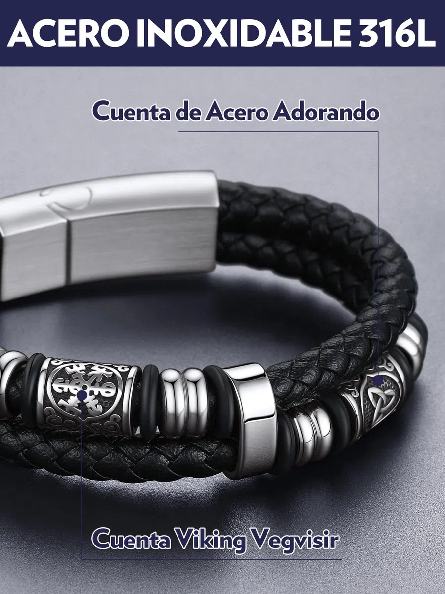 Bandmax Pulsera Viking Cuero Hombre con Charms Brújulas, 19cm 21cm 23cm 25cm Largo, Broche Imán Robusto, Personalizable, Incluye Joyero