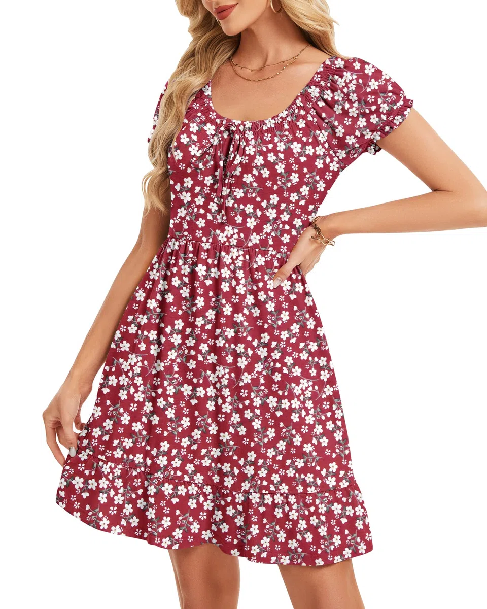 AUSELILY Vestido Mujer Verano Cuello en U Mangas Abullonadas Vestidos | Cintura Elástica Minivestido Informal Vestidos Playa Elegante Leicht Corto Hasta la Rodilla con Bolsillos