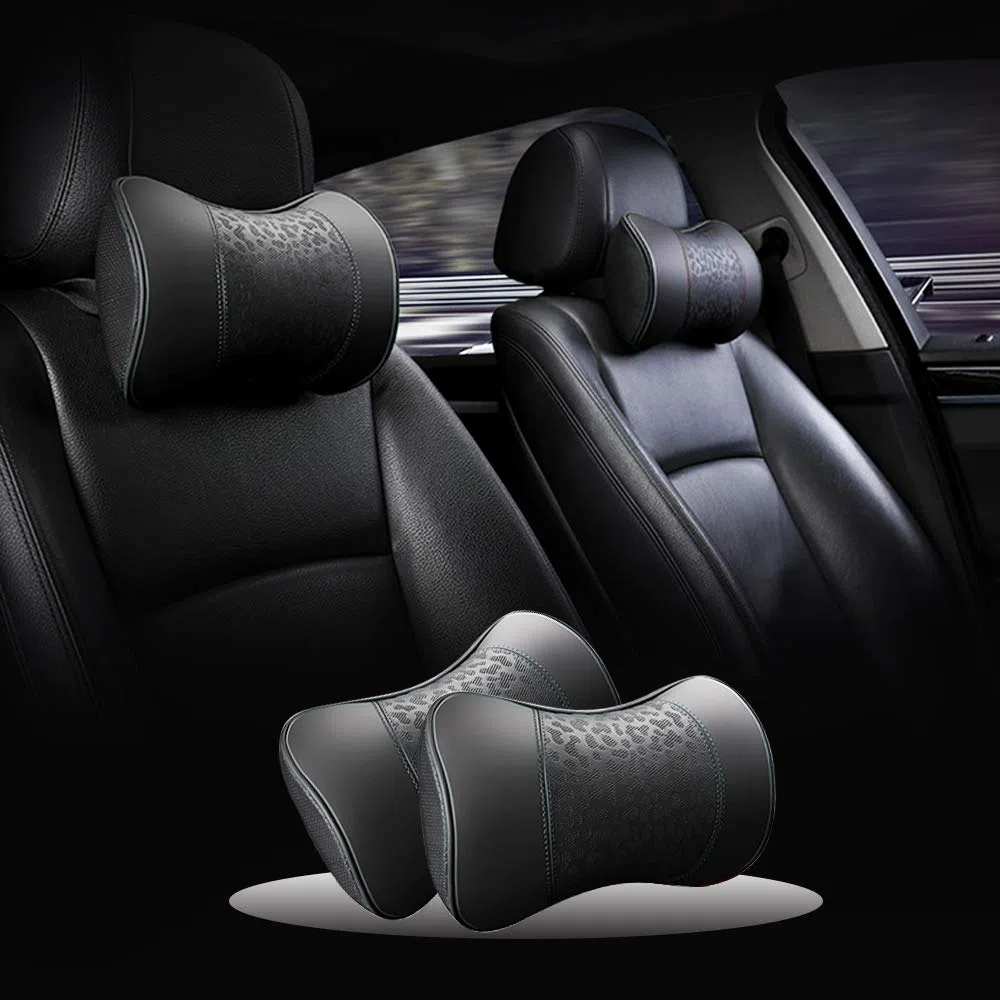 Carodi Cojín cervical de cuero para coche, cojín cervical, soporte cervical de espuma viscoelástica 100 %, cómodos asientos de coche de viaje y cojines suaves para la oficina en casa, negro, un juego