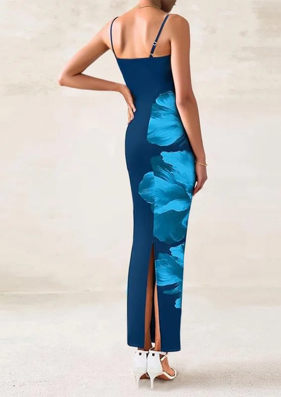 Mujer Vestido Largo Sexy sin Mangas Cuello Cuadrado Vestidos de Tirantes Elegante Estampado Floral Vestido Ajustado Verano Casual Bodycon Maxi Vestidos de Fiesta Cóctel Invitada Boda Club