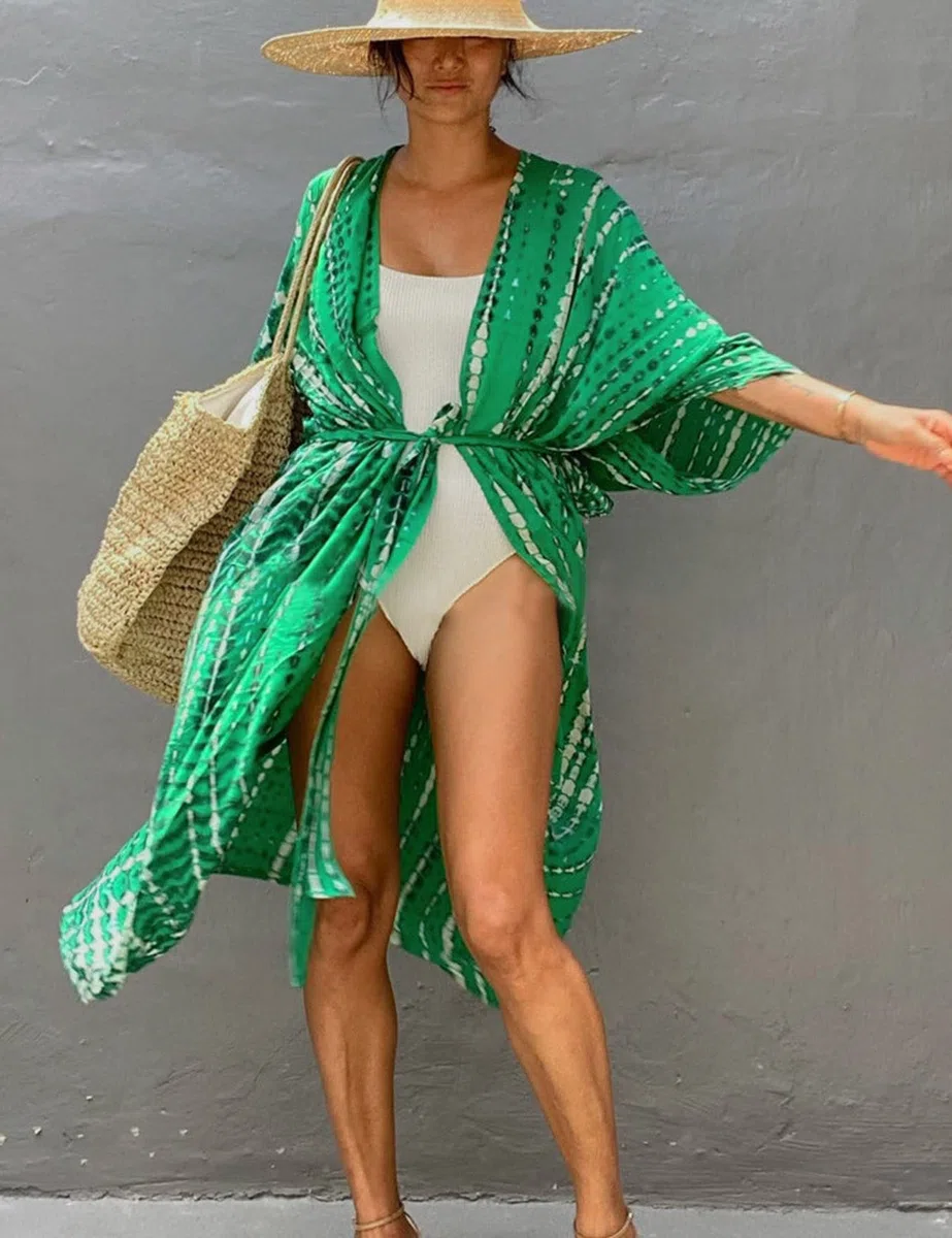 Mujer Kaftan Vestido de Playa Tie Dye Algodón Cárdigan Maxi Kimono Pareos y Camisola Camisas Playa Bohemia Boho Suelto Verano Traje de Baño Bikini Cover Up Talla Grande Elegante
