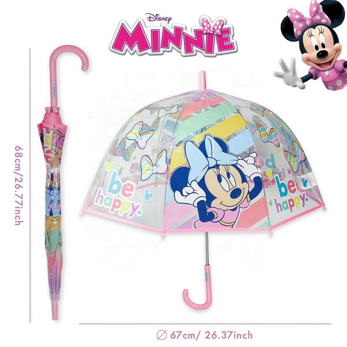 Paraguas Transparente Infantil y Chubasquero Pack Minnie Mouse – Paraguas Burbuja, Niña Impermeable con Capucha | para Vuelta al Cole
