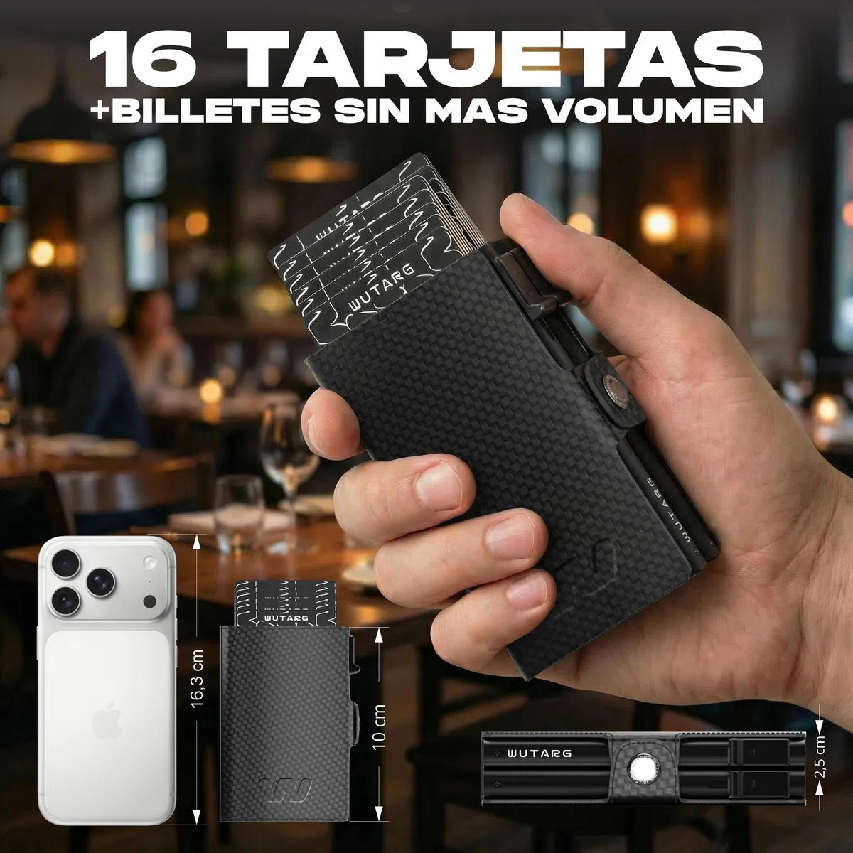 Tarjetero Hombre - Cartera Minimalista RFID NFC, Sistema Dual Slide, Metal, Cuero PU Premium, Billetera compacta antirrobo, Acceso rápido - 16 Tarjetas + 4 Billetes (Deluxe Carbon)