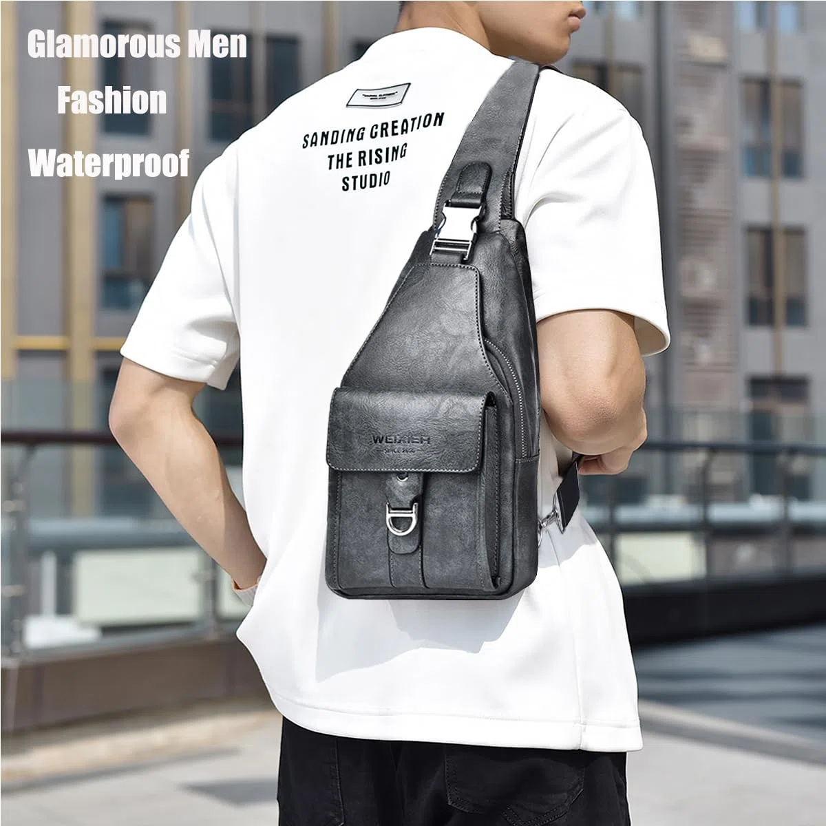 A-QMZL Bolso Hombre de Pecho de Piel Bandolera PU Cuero Bolsos Bandolera Casual Sling Bag Mochila Hombro Bolsas Impermeable Crossbody Bag (gris)