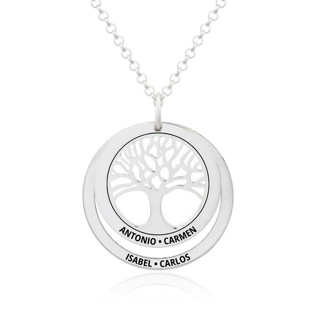 Collar Árbol de la Vida en Plata de Ley 925 personalizable. Cadena de 45cm. Regalo ideal madre abuela con nombres familia. Cumpleaños, Navidad. Hecho en España. (Collar Árbol de la Vida + 1 Aro)