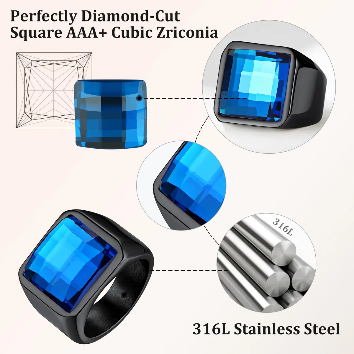 Bestyle Anillo Hombre Grande Anillos de Sello Cuadrado 15mm Ancho Anillo con Piedra Negro/Azul Anillos Acero Inoxidable Personalizados Anillos Hombre Tamaño 14.5-32.5
