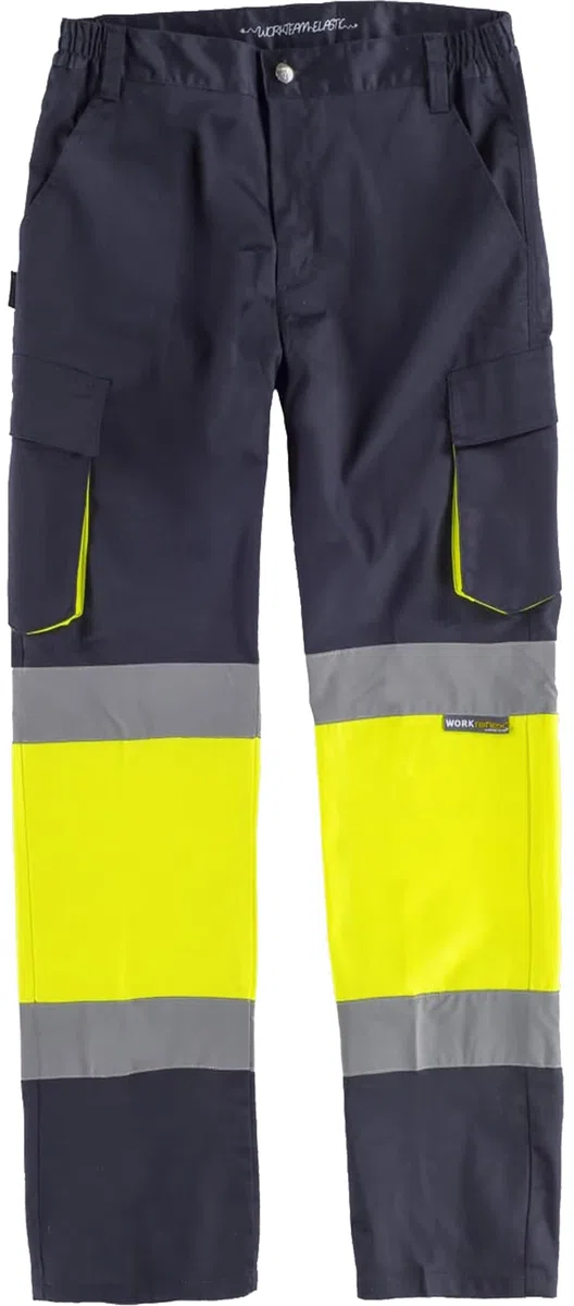 WORKTEAM Pantalón de Trabajo Slim Fit de Alta Visibilidad con Cintas Reflectantes, Multibolsillos y Tejido Elástico. EN ISO 20471. Clase 1. Unisex