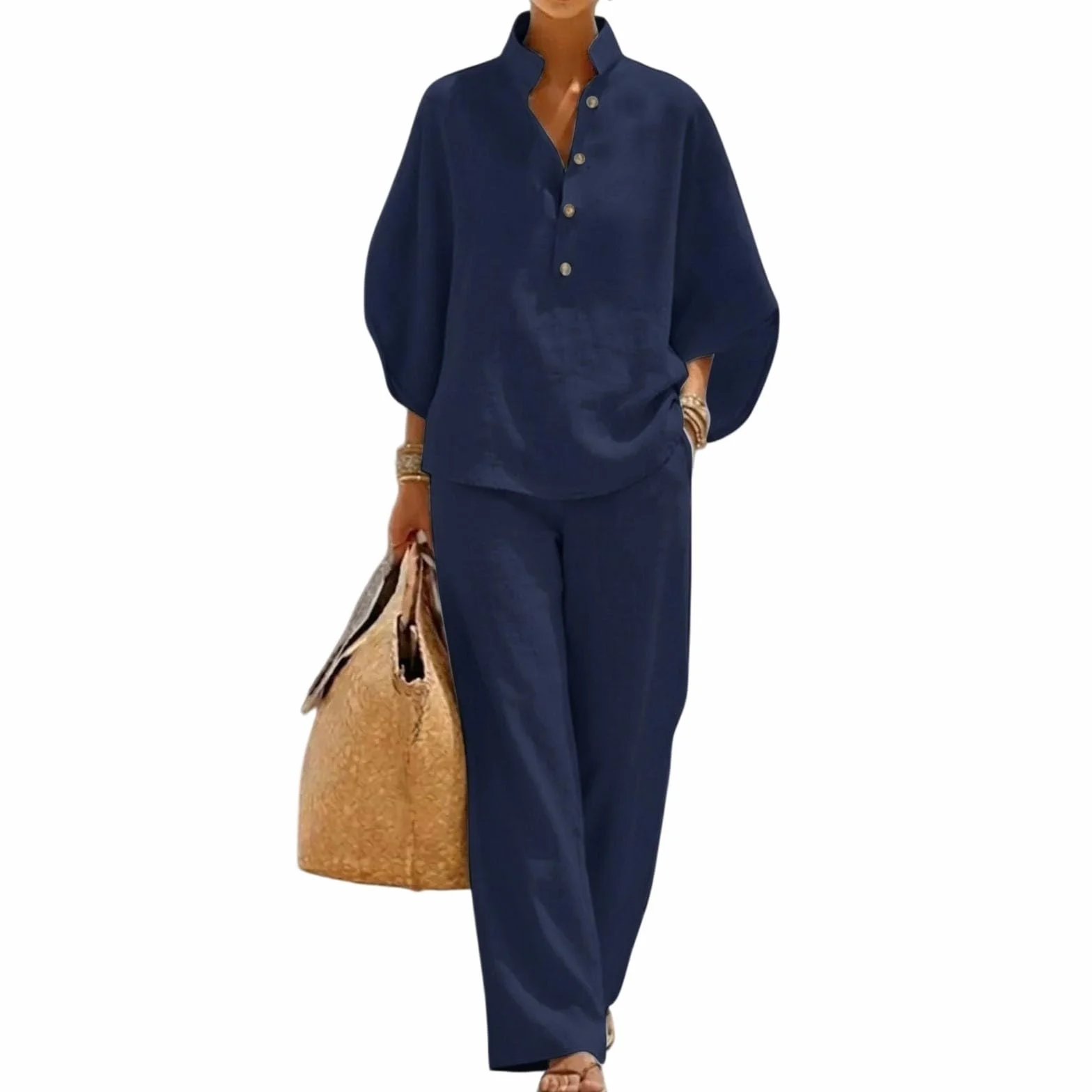 Summer Co Ord - Conjuntos de 2 piezas para mujer, ropa de algodón y lino, cuello en V, manga 3/4, pantalones de pierna ancha con bolsillo, conjuntos de ropa de descanso para mujer